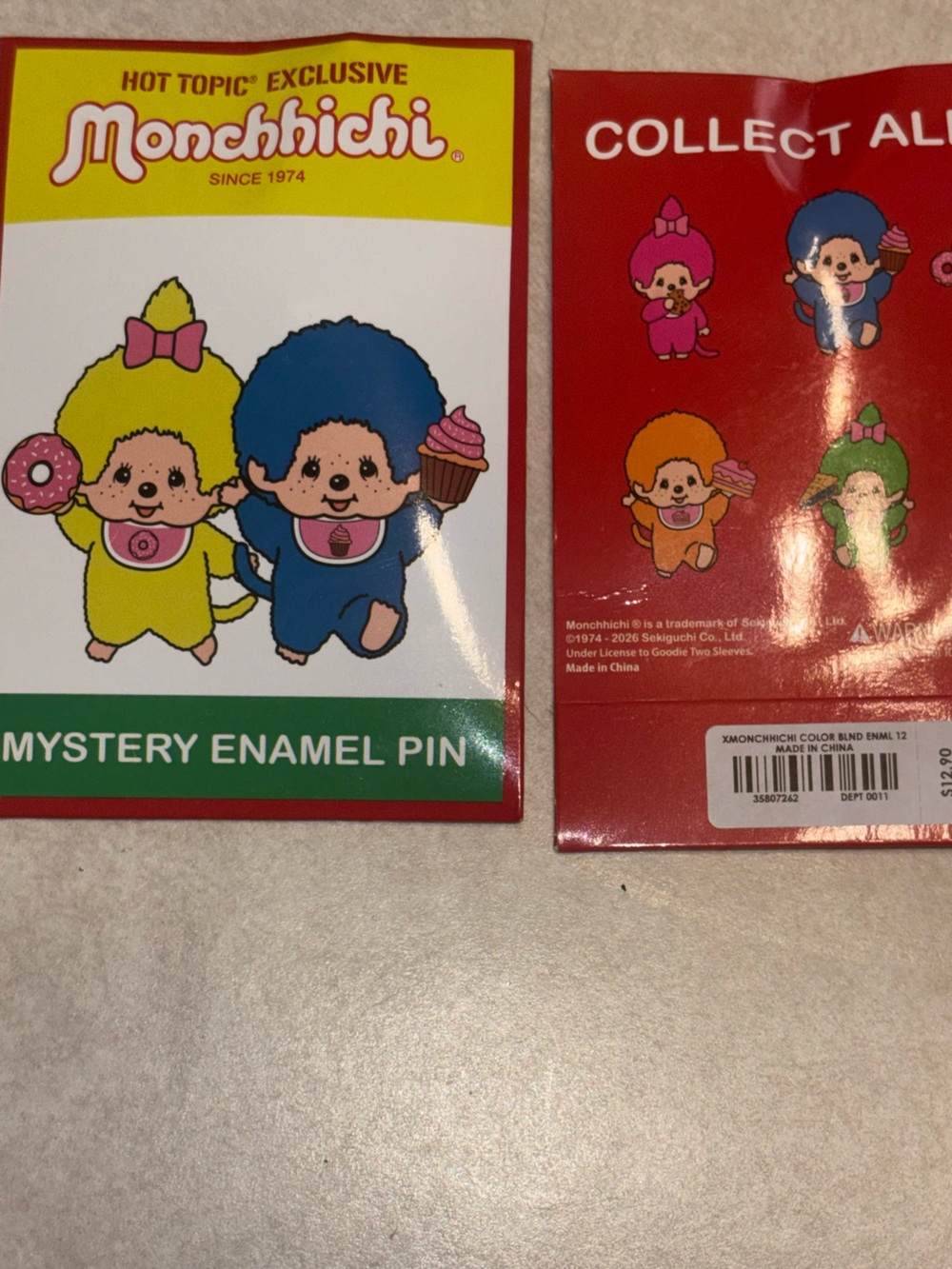 NWT set of 2 Monchhichi Mystery Enamel Pin, blind bags, Hot Topic exclusive